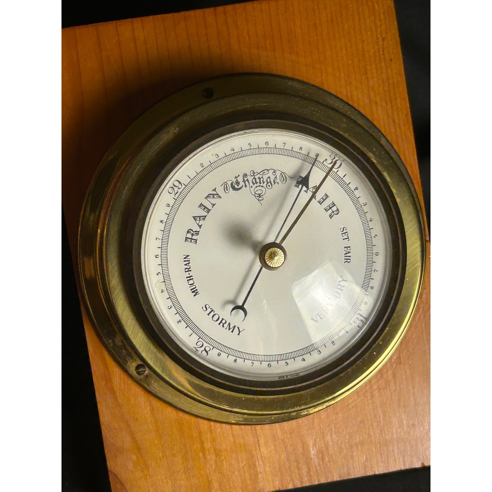 Barometer Weather Station Gold Good Vintage Brass Wood Plaque